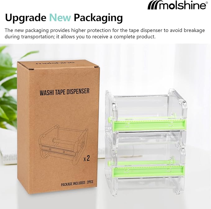 molshine 2 Pack Transparent Desktop Multi Washi Masking Tape Storage Dispenser,Tape Cutter,Tape Roll Holder (Not Include Masking Tape) (Green)