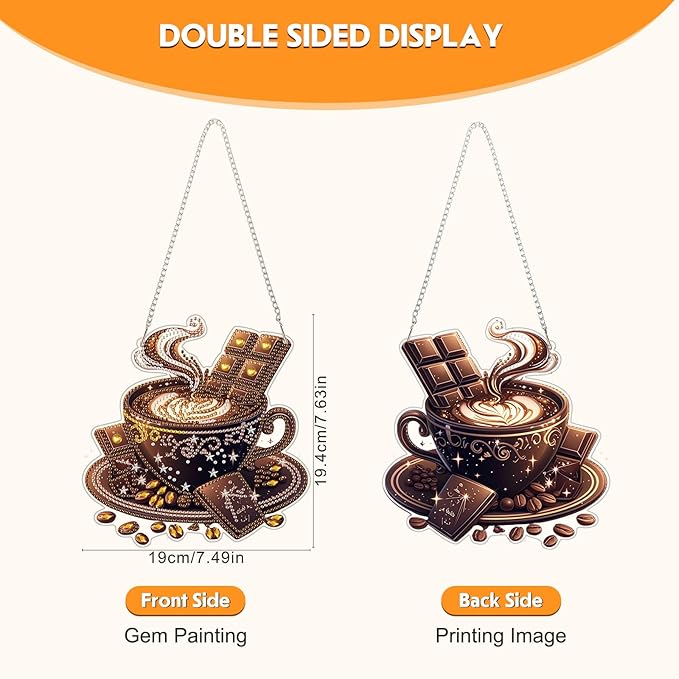 Diamond Art Hanging Kit for Adult, Cozy Morning: Sipping Coffee, Double Sided Acrylic Special Shaped Diamond Art Painting Window Pendant Hot Chocolate Coffee , Home Garden Wall Hanging Ornament Kits