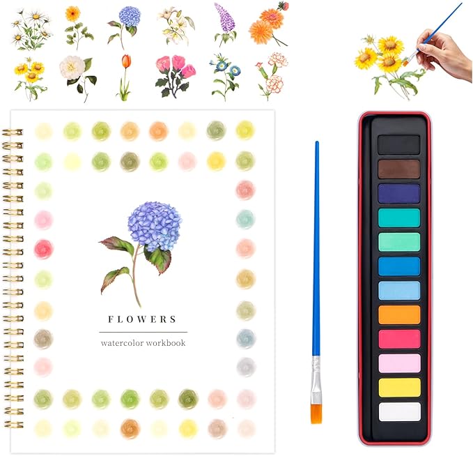 Watercolor Workbook for Adults, Beginner Friendly Watercolor Painting Kit Flowers Water Coloring Book, Nature-Themed Practice Art Gift Water Color Paint Book with Palette and Brush