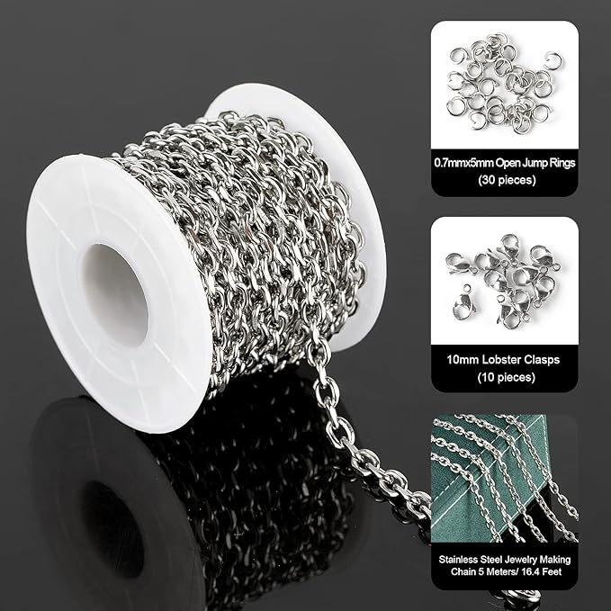 YOUBEIYEE 304 Stainless Steel Cable Chain for Jewelry Making, 16.4 Feet Silver Necklace Chains Bulk with 30pcs Open Jump Rings and 10pcs Lobster Clasps