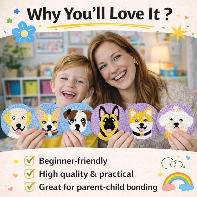 Punch Needle Coaster Kit for Adults Beginners, Easy Punch Embroidery Starter Set with Instructions – Fun Mug Rug Making Kit for Table Decor & Festival DIY Gifts (6pcs Cute Dogs)