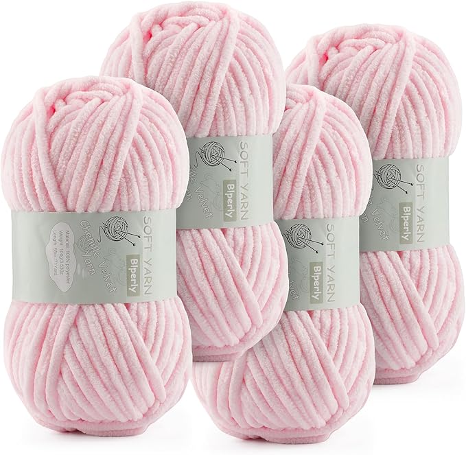 Chunky Chenille Yarn Velvet Soft Super Bulky Size 6 for Crocheting Knitting, Baby Blanket Yarn, 100g 71 Yds per Skein, Easy to Use for Scarves, Amigurumi, Crafts (4, Light Pink)