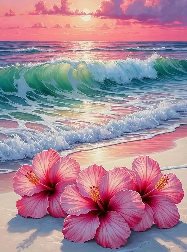 BYGFHLYW 5D Diamond Art Kits for Adults, Beach Flower Diamond Painting Kits for Adults Beginner, Full Drill Round Paint by Diamonds Dot Gem Art for Home Wall Decor 12x16inch