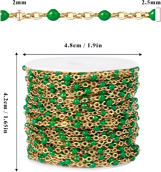 33 Feet Gold Enamel Chains Bulk, 2mm 18K Gold PVD Plated 304 Stainless Steel Green Enamel Beaded Cable Link Chain Roll Spool for Jewelry Making