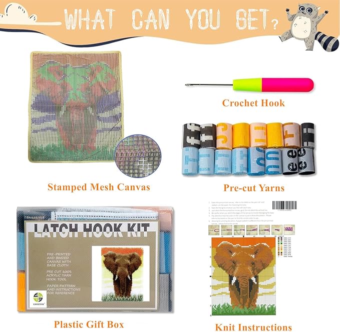 Latch Hook Kits for Adults - DIY Latch Hook Rug Kits, Crochet Kit for Beginners, Rug Making Kits with Printed Canvas, Gift Packaging. (Elephant,15x21)