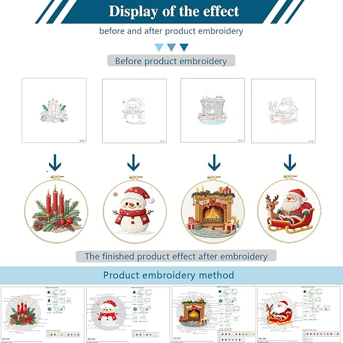 Zhenqing 4 Christmas Designs Embroidery Kit for Beginners, 4-Pack Pre-Printed 29x29cm Fabric with 20cm Hoop, Threads & Tools for Hand Embroidery - Snowman, Santa, Fireplace, Candles(C0183)