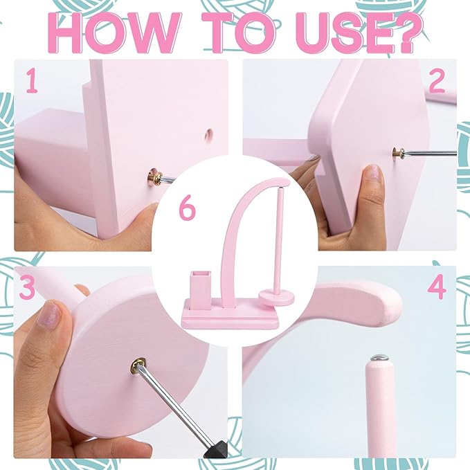 Yarn Holder for Crocheting and Knitting, Wooden Magnetic Yarn Spinner Rotating Holder with Crochet Hooks and Needles, Phone Stand and Storage Organizer (Pink)