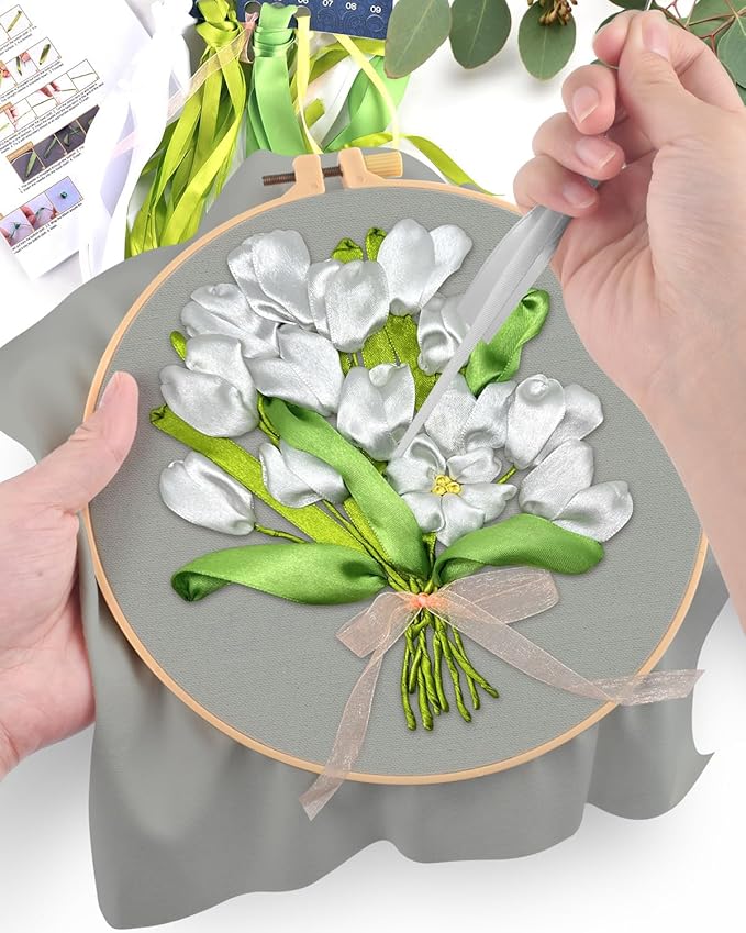 ERKOON Embroidery Kit for Beginners, Silk Ribbon Flower Cross Stitch Set for Include Embroidery Cloth Hoops Threads for Craft Lover Hand Stitch (True Confessions)