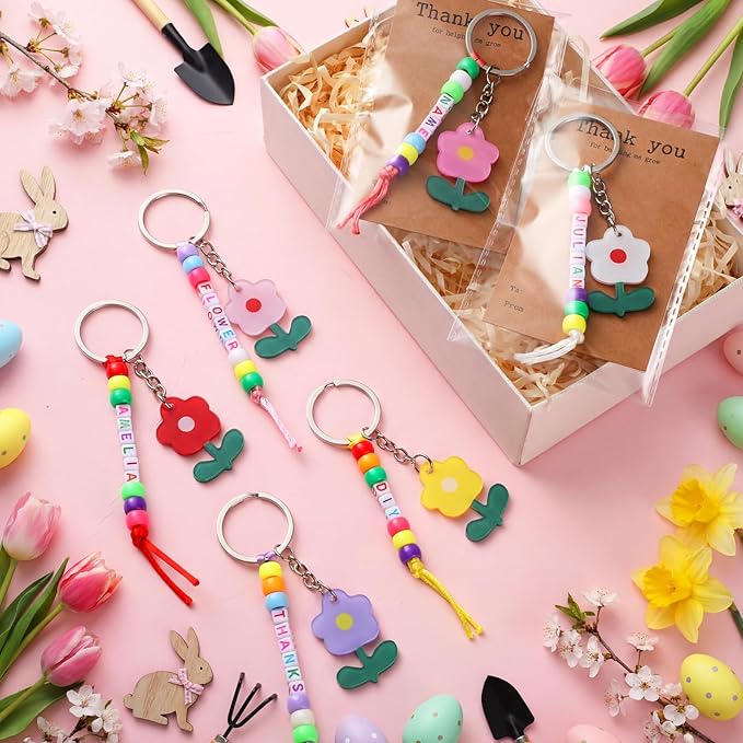 Suncalla 984 Pcs 24 Set Teacher Appreciation Gifts Keychain Making Kit DIY Cute Flower Charm Beads Key Chain Crafts Thank You for Helping Me Grow Adjustable Letter Cards Strings Kit Teacher Day Gift