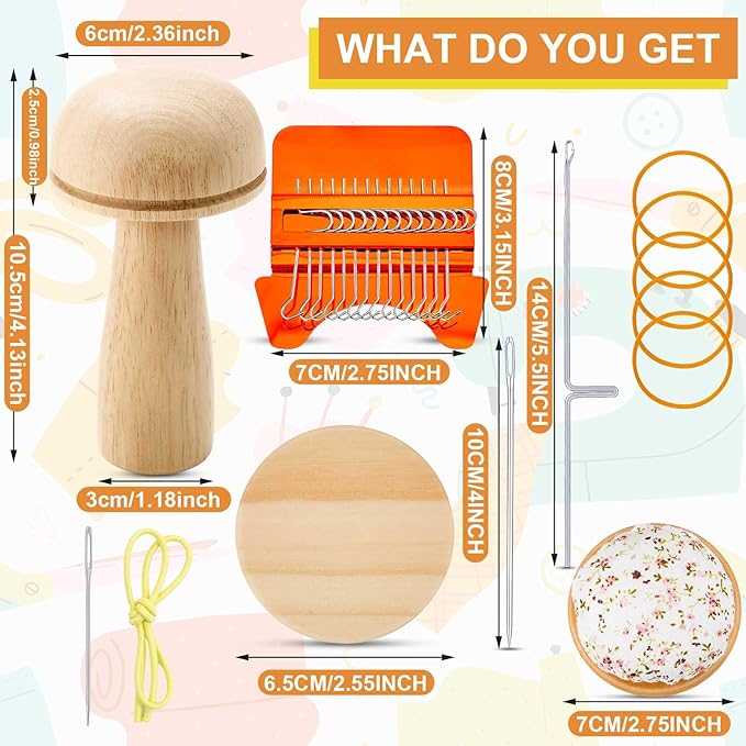 Jexine Mini Darning Mushroom for Socks 14 Hooks Small Speedweve Style Weaving Darning Loom with 9 Pcs Large Eye Needles 50 Colors Thread for Handcraft DIY Weaving Repair Tool(Bright Color)
