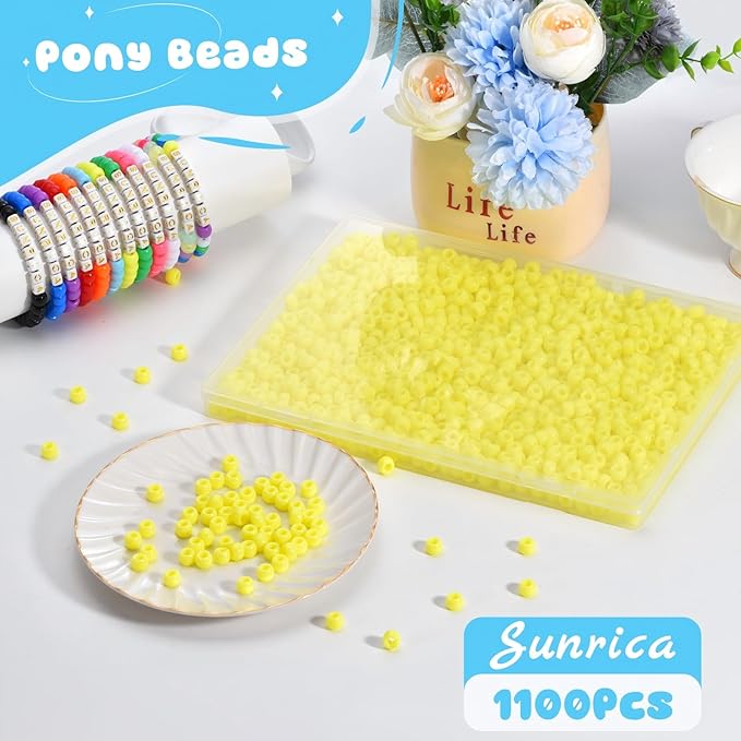 sunrica 1100pcs yellow pony beads 6x9mm large hole plastic hair beads for braids, kandi bracelets, keychains, jewelry making
