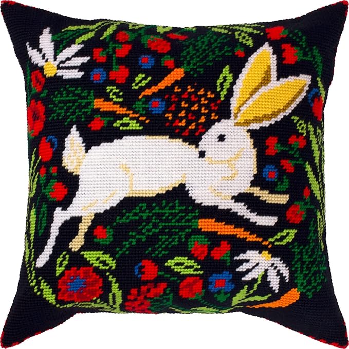 Tapestry Embroidery Kit for Adults and Beginners — Hare on Black 16″ × 16″ with Clear, Precise Printed Design on Cotton Canvas; Includes 2 Needles, Yarn, and Easy-Read Chart