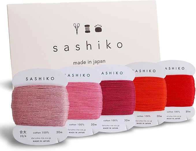 DARUMA Sashiko Thread 100% Cotton Card Type (32.8 yd) x 5 Colors with English Manual, Sewing & Embroidery Value Set with Gift Package(Thick, Hanafubuki)