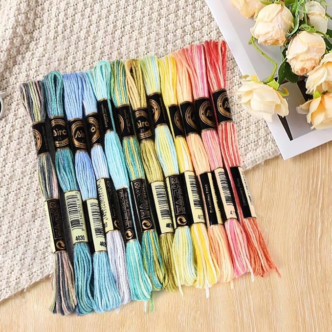 12 Skeins 105 Yards 6 Ply Variegated Cross Stitch Floss Polyester Embroidery Thread Gradient Colorful Friendship Bracelet String Yarn Bulk for Sewing Making Jewelry Needlecraft Knitting DIY