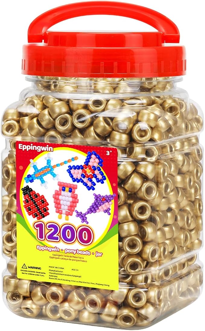 eppingwin 1200pcs pony beads for bracelets,6x9mm kandi beads for hair braids, easy storage pony bead for jewelry making (golden)