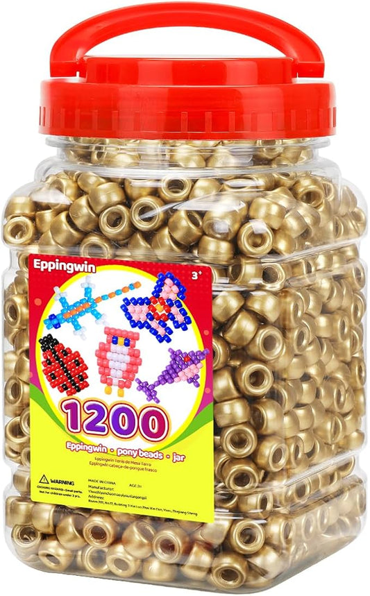 eppingwin 1200pcs pony beads for bracelets,6x9mm kandi beads for hair braids, easy storage pony bead for jewelry making (golden)
