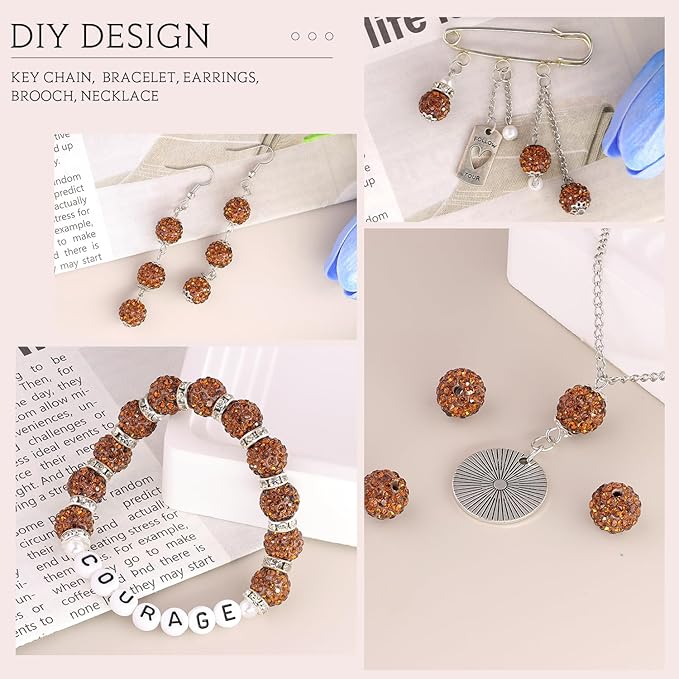150 pcs 10mm Rhinestone Beads for Jewelry Making, Brown Shiny Round Shamballa Disco Beads Bulk, Sparkle Crystal Clay Christmas for Bracelet Baseball Necklace Earring Crafting and DIY