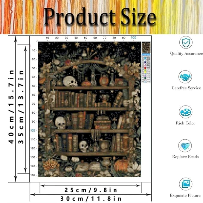 Bookshelf Stamped Cross Stitch Kits for Adults - Book Embroidery Kits for Beginners Adults,11 CT Patterns Dimensions Counted Cross Stitch Kits for Adults Arts Craft 12x16 inch