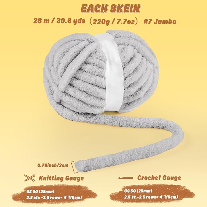 Inhand 18 Pack Chunky Chenille Yarn for Crocheting–30.6 Yards, 7.7oz, Soft Fluffy Thick Yarn,Gifts for Women/Grandma/Men Birthday Christmas Unique,Hand Knitting for Blankets&DIY Crafts (Light Gray)