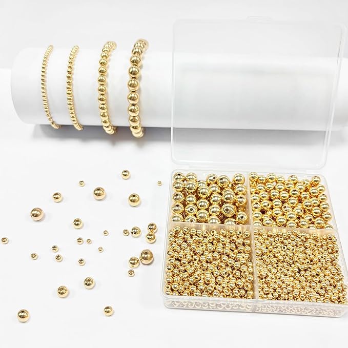 1680pcs Gold Round Spacer Beads 3/4/6/8mm 4 Size Smooth Ball Beads for Jewelry Making Metal Circle Bead for Bracelet Necklace Earring Making Supply