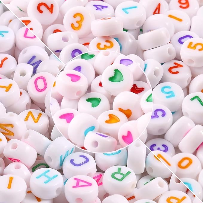 Yochus 1000pcs White Mixed Round Acrylic Beads 4x7mm Colorful Alphabet Number Beads Heart Shape Bead for Jewelry Making and DIY Bracelets