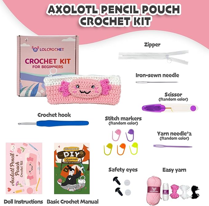 Axolotl Crochet Kit for Beginners, Learn to Crochet Pencil Bag Starter Set with Video Tutorial & Crocheting Manual, Easy Yarn Knitting Kit for Adult, DIY Amigurumi Birthday Xmas Gift Idea