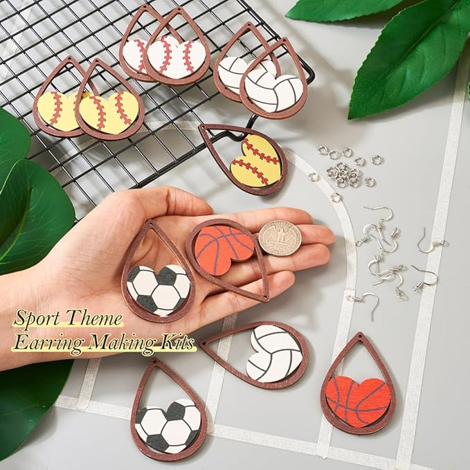 20pcs Sport Ball Earring Making Kits Football Basketball Rugby Wooden Charms 5 Styles Sport Ball Earring Pendants with Ear Hooks Jump Rings for DIY Jewelry Hanging Ornament Making