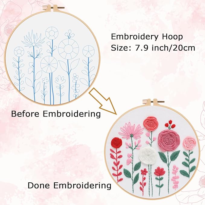 Nuberlic Embroidery Kit for Beginners -Floral Easy Embroidery Kits for Adults Starter Cross Stitch Kit DIY Needlepoint with Step-by-Step Instruction