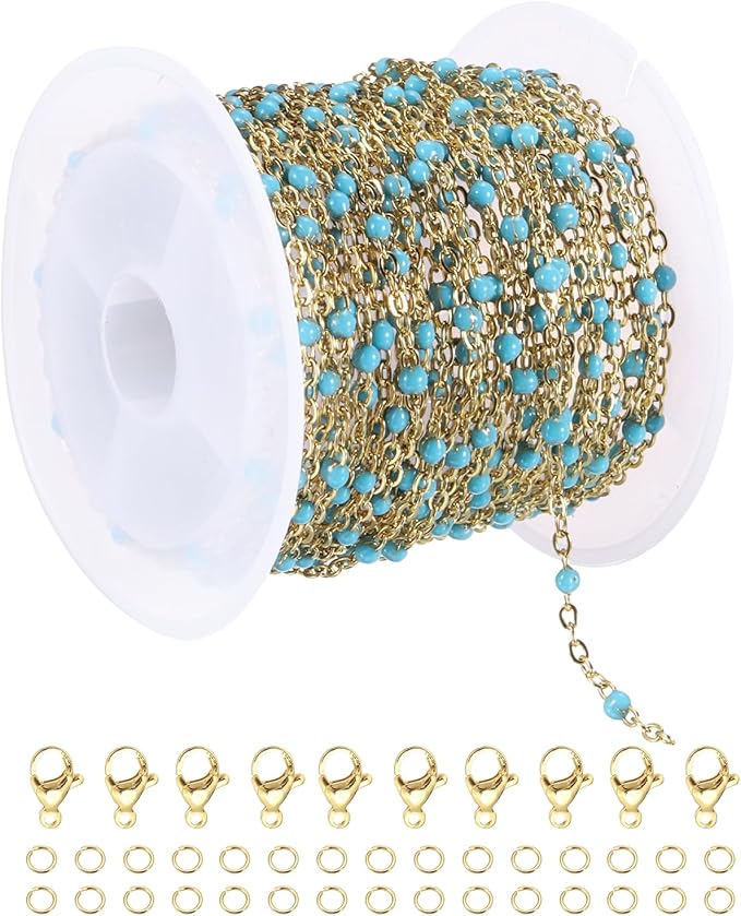 MECCANIXITY Stainless Steel Bead Chain, 16.4 Feet/5M Enamel Beaded Jewelry Link Cable Chains Spool Kit for Jewelry Making, Necklace, Bracelets, DIY Crafts (Gold/Lake Blue, Pack of 1)