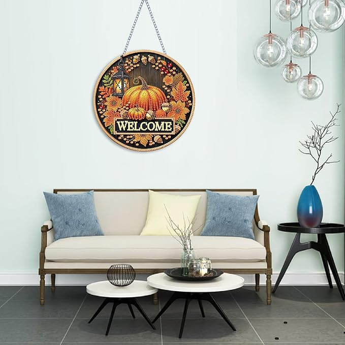 NEGEKFKX Fall Diamond Art Hanging Pendant Kits,Pumpkin Special Shape Diamond Art Kits for Adults,Double Sided Hanging Acrylic Ornament Kit,Pendants Home Garden Wall Hanging Kits Hanging Ornament