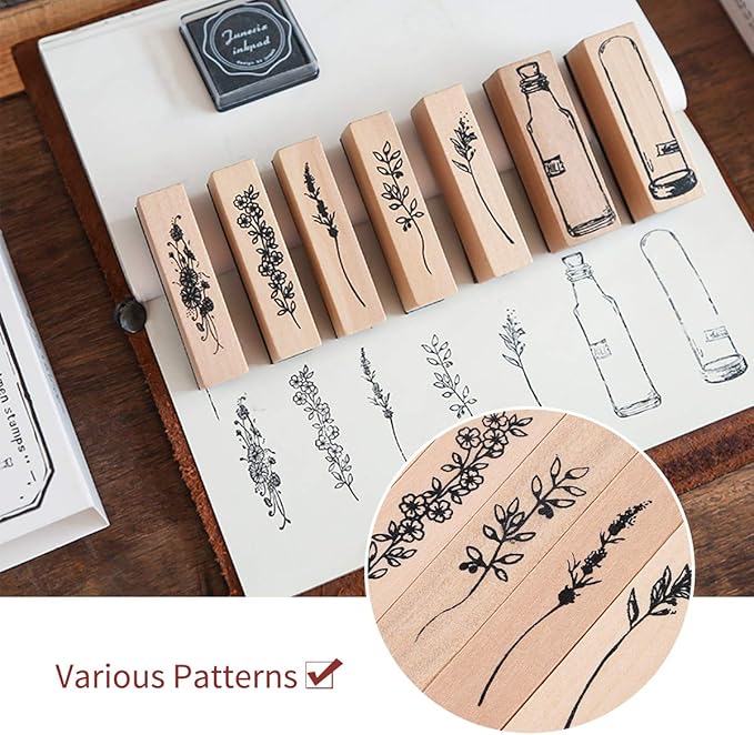 UCEC Wooden Plant Patterns Rubber Stamp, Plant and Flower Decorative Vintage Wooden Rubber Stamp Set for DIY Craft Card Scrapbooking Supplies Photo Album, Hand Book, Planner, Scrapbooking, 7Pcs