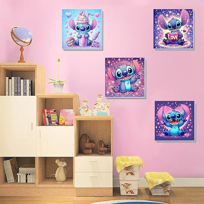 KOJEFCV 4 Pack Cartoon Paint by Numbers for Kids with Framed Canvas-with Wooden Easel, Paint by Number for Kids Ages 4-8-12, DIY Easy Acrylic Oil Painting Kits for Home Wall Decor (8X8inch)