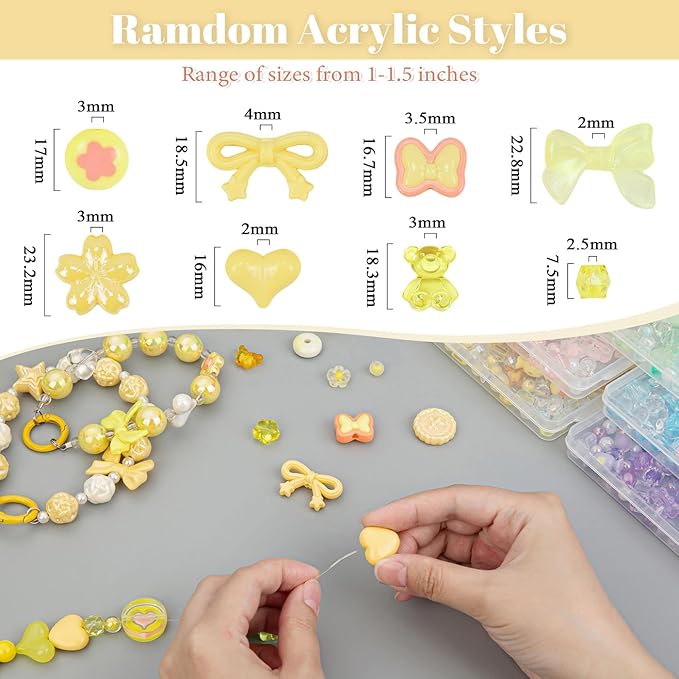 LAIDANLA Acrylic Yellow Beads for Bracelets Yellow Cute Beads for Jewelry Making DIY Necklace Keychain Assorted Random Mixed Aesthetic Phone Bead Charms 160g