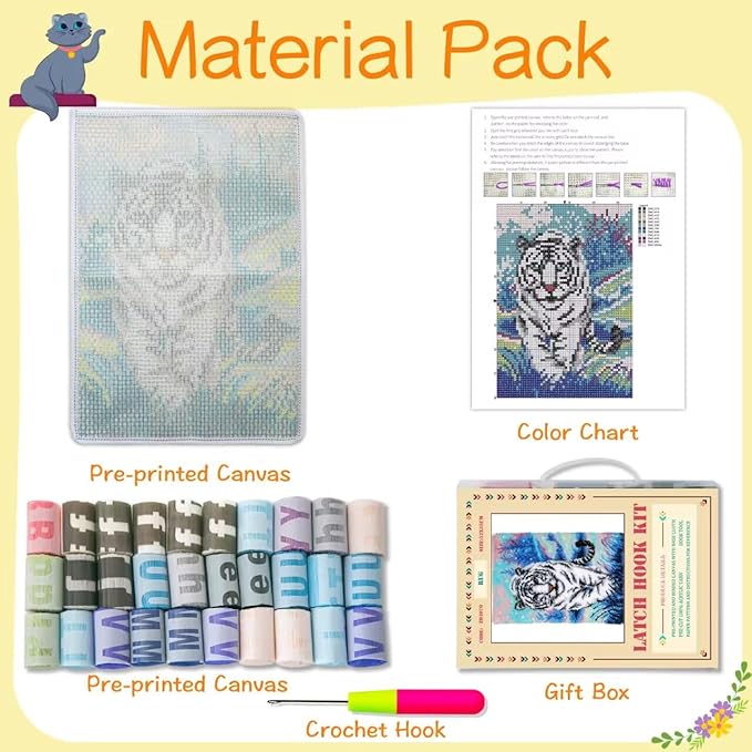 YOOTOM Tiger Latch Hook Rug Kit for Adult, DIY Handmade Carpet Crochet Needlework Mat Knotted Cushion Tapestry, Pre-Printed Latch Hook Kits, Embroidery Decoration Festival Gift 20x15 in.