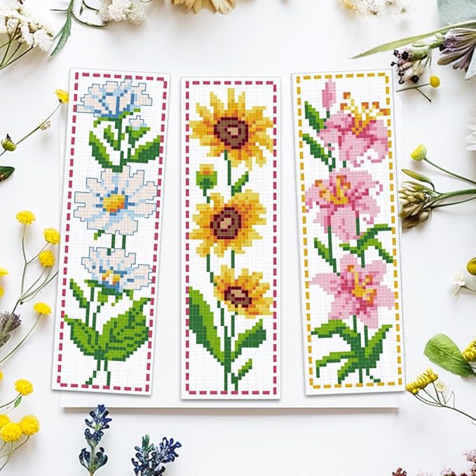 ACRNIGHEET 6PCS Cross Stitch Bookmark Kit for Beginner Flower Pattern Stamped Cross Stitch Kits for Adults Crossstitch Kits Adult Bookmarks with Instructions Hand Embroidery Craft Gift 8''x2.4'' 11CT