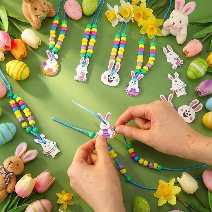 Ecally 24 Sets Easter Crafts Bunny Beaded Necklaces Crafts Kit DIY Make Your Own Rabbit Necklaces for Easter Art Activity Project Party Favors Supplies Spring Decoration