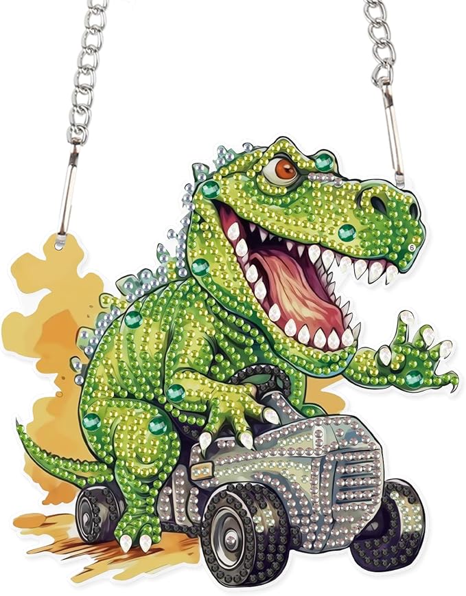 AiYuanzsh Diamond Painting Hanging Pendant Kit - Dinosaur Driving Car 5D Diamond Painting Kits for Adults - Crystal Rhinestones Diamond Art Pendant for Door Wall Window Home Xmas Halloween Decor