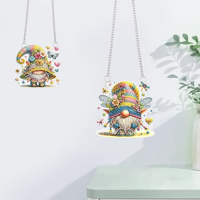 JISHSHAY Diamond Painting Pendant Gnome Wind Chimes Special Shaped Art Suncatchers Keychain Hanging Kit - 2 PCS