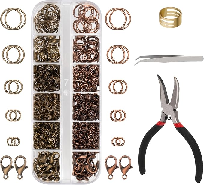 Amrules 1200 Pcs Jump Rings, Jewelry Making Kit with Open/Close Tools, Pliers, Tweezers, Lobster Clasps, DIY Necklace Repair and Keychain Supplies (Antique Cyan & Antique Red)
