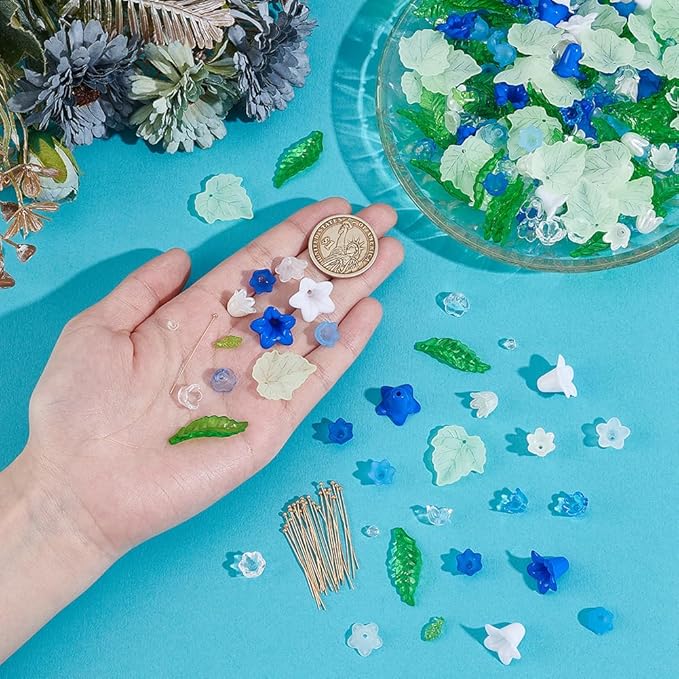 NBEADS 417 Pcs Acrylic Assorted Beads Kit, Tulip Flower Beads Caps Trumpet Flower Leaf Acrylic Pendants Leaf Loose Beads Earring Making Kit with Faceted Glass Beads Brass Ball Pins for Jewelry Making