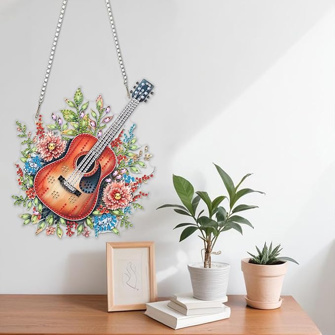 NAIMOER Diamond Art Hanging Kits for Adults Guitar Flowers 5D Special Shaped Rhinestone, DIY Acrylic Diamond Art Painting Window Pendants Home Garden Wall Hanging Ornament Kits, Double Sided
