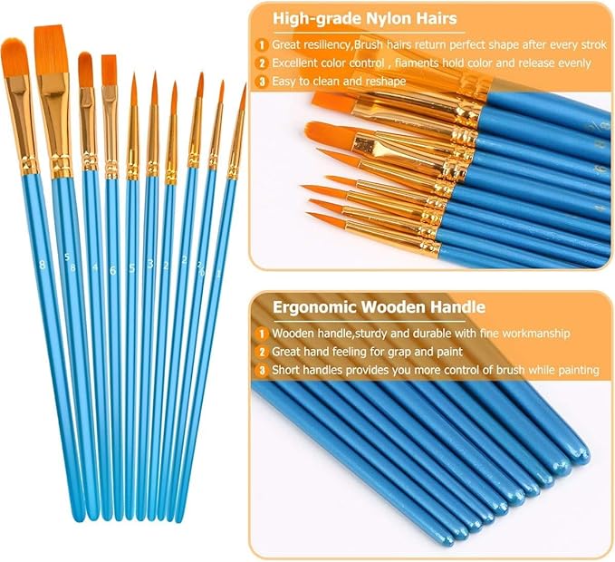Soucolor Watercolor Paint Brushes Set, 10-Pack Round Pointed Tip Professional Artist Paintbrushes for Canvases Ceramic Miniature, Model Ships and Airplanes Boards Rock Body Face Nail Art, Blue
