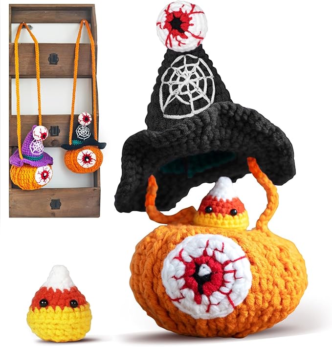 Sinyon Beginner Crochet Kit with Video Tutorials - Pumpkin Candy Bag Crochet Patterns, 40%+ Premium Yarn, Complete Crocheting Tools for Adults & Kids - DIY Craft Gift for Birthdays, Holloween (Black)