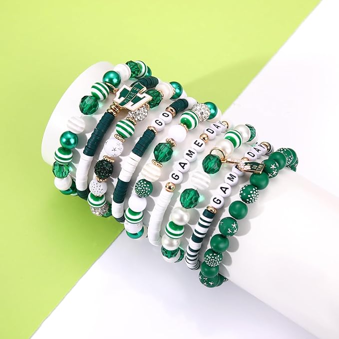 HSWE Game Day Beads for Bracelets Making Kit Heishi Clay Pearl Letter Assorted Round Bead Gold Spacer Beads Football Charms for DIY Bracelets Necklace Jewelry Making (Green White Beads Kit25)