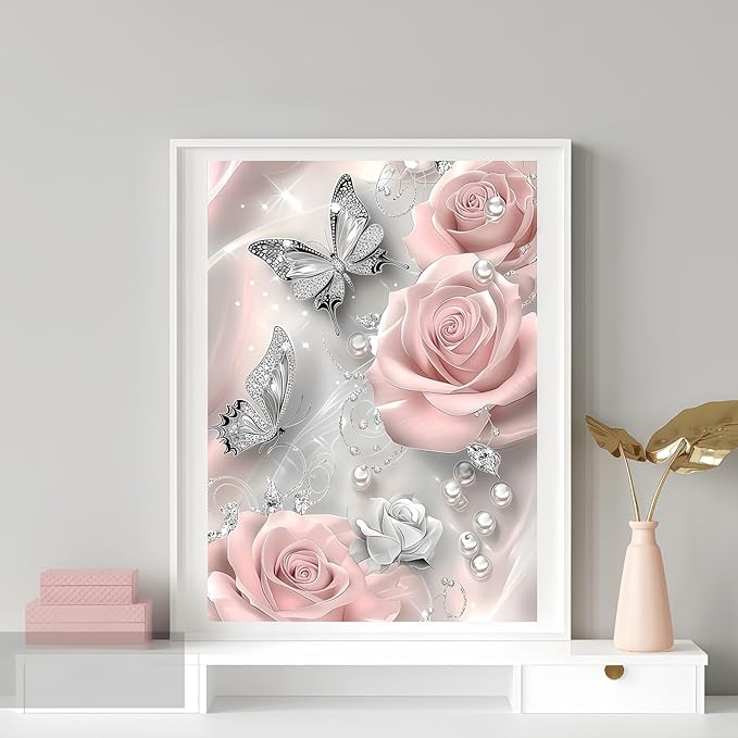BYGFHLYW 5D Diamond Painting Kits for Adults, Butterfly Rose Flower Diamond Art Kits for Adults Beginner, DIY Full Drill Diamond Dot Gem Painting for Home Wall Decor 12x16inch
