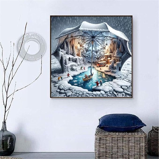 CXYQLC DIY Enchanting Winter Scene with Umbrella 5D Diamond Painting Kits for Adults, Diamond Art Winter Snowy Village Diamond Painting Full Drill Craft Kits for Home Wall Decor Gifts 11.8x11.8inch