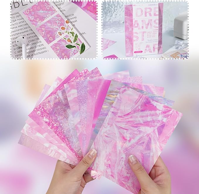 56PCS Holographic Sticker Paper Transparent Waterproof Self Adhesive Film PET Glitter Paper Scrapbooking Stickers for Junk Journal Supplies Card Making Album Collage Planner Gift Wrapping Decor