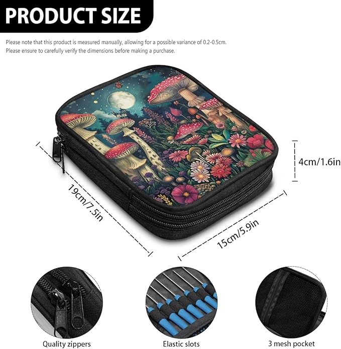 Hechitok Mushroom Empty Crochet Hook Case Portable Travel Crochet Storage Bag Organizer Zipper Bags with Web Pocket and Crochet Holder Slots for Crochet Knitting Accessories