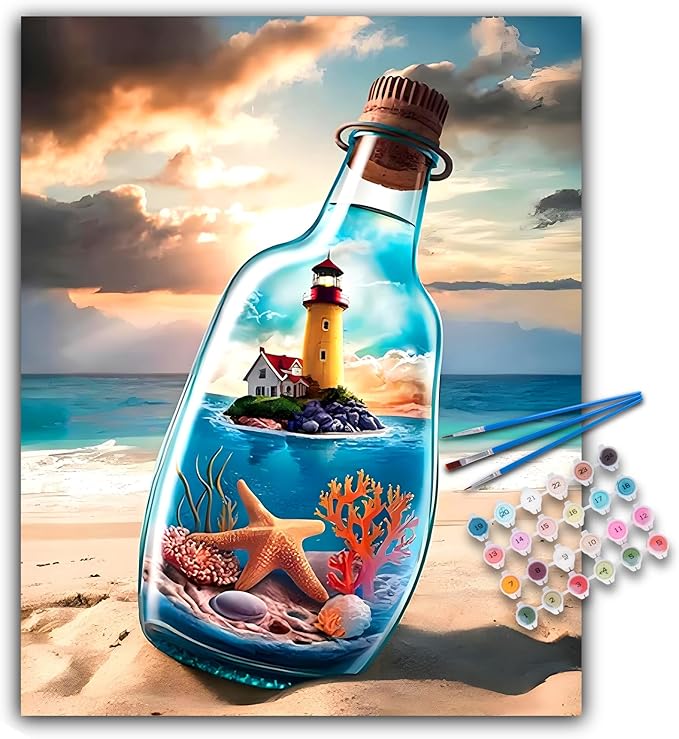 Paint by Numbers Kit for Adults - Beach Bottle Acrylic Adult Paint by Number Kits on Canvas for Beginner, Seaside Lighthouse DIY Oil Painting by Numbers for Adults, Perfect for Home Decor Gift 16"x20"