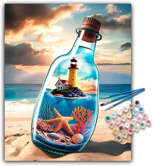 Paint by Numbers Kit for Adults - Beach Bottle Acrylic Adult Paint by Number Kits on Canvas for Beginner, Seaside Lighthouse DIY Oil Painting by Numbers for Adults, Perfect for Home Decor Gift 16"x20"